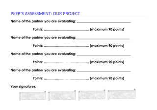 PEER'S ASSESSMENT: OUR PROJECT
Name of the partner you are evaluating: ________________________________
Points: ................................................ (maximum 90 points)
Name of the partner you are evaluating:________________________________
Points: ................................................ (maximum 90 points)
Name of the partner you are evaluating: ________________________________
Points: ................................................ (maximum 90 points)
Name of the partner you are evaluating: ________________________________
Points: ................................................ (maximum 90 points)
Your signatures:
 