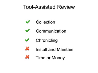 Tool-Assisted Review Collection Communication Chronicling Install and Maintain Time or Money 