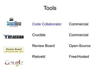 Tools Code Collaborator Commercial Crucible Commercial Review Board Open-Source Rietveld Free/Hosted 