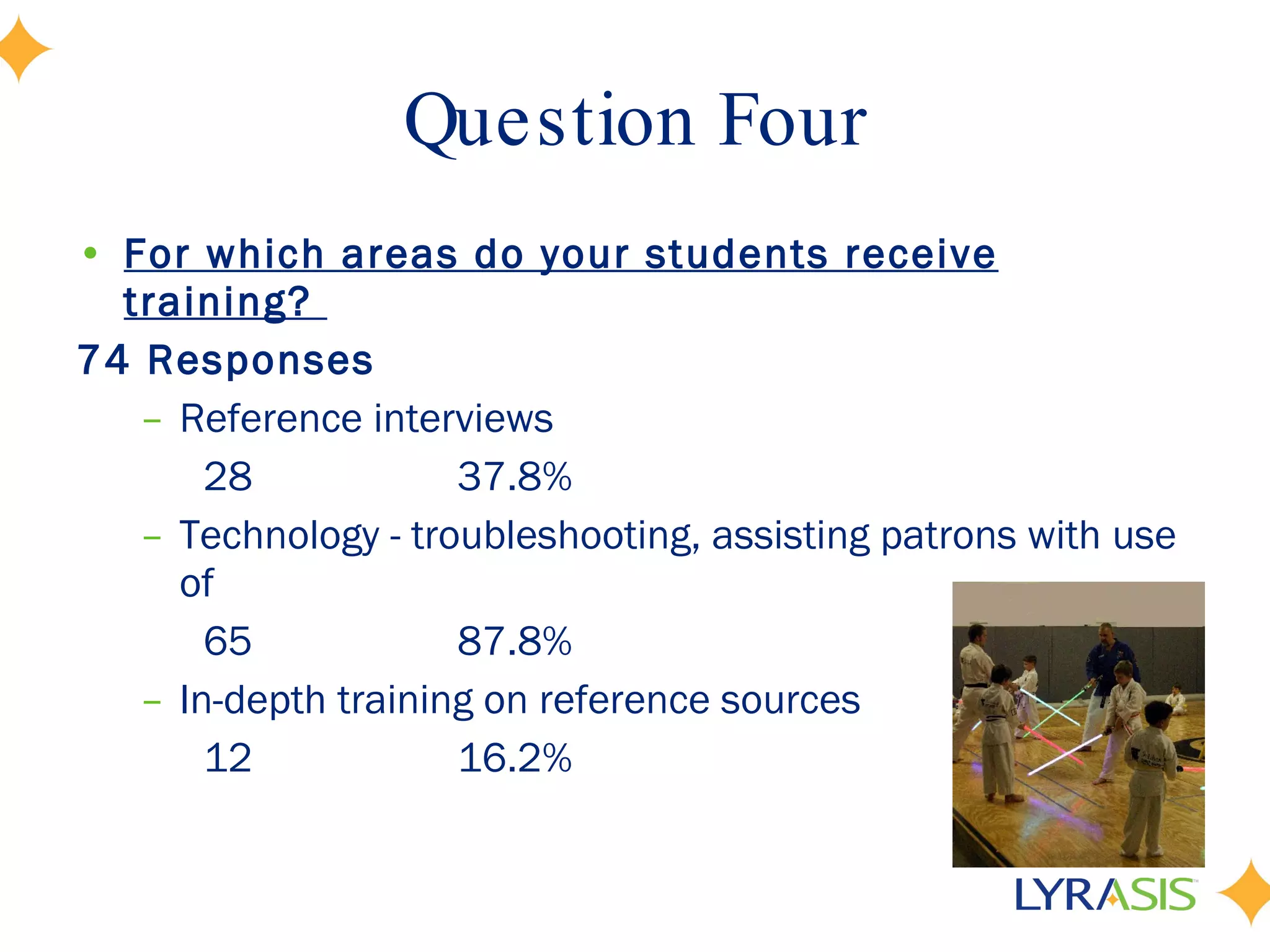 Question Four For which areas do your students receive training?  74 Responses Reference interviews 28   37.8% Technology - troubleshooting, assisting patrons with use of 65   87.8% In-depth training on reference sources 12 16.2% 