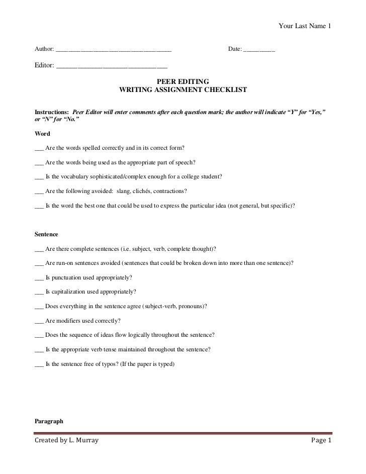 Peer editing checklist for presentation