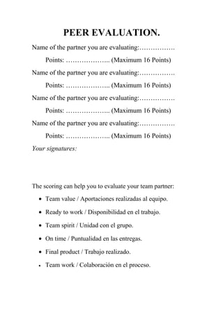 PEER EVALUATION.
Name of the partner you are evaluating:…………….
Points: ……………….. (Maximum 16 Points)
Name of the partner you are evaluating:…………….
Points: ……………….. (Maximum 16 Points)
Name of the partner you are evaluating:…………….
Points: ……………….. (Maximum 16 Points)
Name of the partner you are evaluating:…………….
Points: ……………….. (Maximum 16 Points)
Your signatures:
The scoring can help you to evaluate your team partner:
• Team value / Aportaciones realizadas al equipo.
• Ready to work / Disponibilidad en el trabajo.
• Team spirit / Unidad con el grupo.
• On time / Puntualidad en las entregas.
• Final product / Trabajo realizado.
• Team work / Colaboración en el proceso.
 