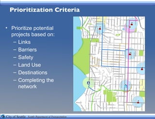 Prioritization Criteria Prioritize potential projects based on: Links Barriers Safety Land Use Destinations Completing the network 