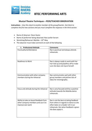 BTEC PERFORMING ARTS
Musical Theatre Techniques – PEER/TEACHER OBSERVATION
Instructions – Give this sheet to another member of the group/teacher. Ask them to
complete the first two sections and you must complete the response in the third section.
 Name of observer: Deon Xavier
 Name of performer being observed: Rae Laville-Farrant
 Workshop/Rehearsal: Matilda – 10th May
 The observer must make comment on each of the following
1. Professional Attitude Comments
Punctuality & Attendance Rae is punctual and always attends
rehearsals.
Readiness to Work Rae is always ready to work with her
hair tied up and jewellery off to make
sure she does not injure herself.
Communication with other company
members during the rehearsal
Rae communicates well with other
group members and pitches lots of
ideas for choreography.
Focus and attitude during the rehearsal Rae is very focused and has a positive
attitude towards the Matilda dance
rehearsals.
Ability to take on board feedback from
other company members and use it to
improve own work
Rae is not the best at taking feedback
from others in regards to dance as she
often takes on a leader roll in our
rehearsals. But when feedback is given
she does apply it.
 