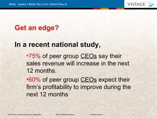 Get an edge?

         In a recent national study,
                          •75% of peer group CEOs say their
                          sales revenue will increase in the next
                          12 months.
                          •60% of peer group CEOs expect their
                          firm’s profitability to improve during the
                          next 12 months


The World’s Leading Chief Executive Organization   . ©2010 Vistage International.   All rights reserved.   4
 
