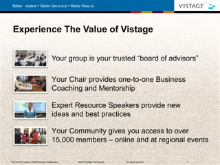 Experience The Value of Vistage


                                         Your group is your trusted “board of advisors”

                                         Your Chair provides one-to-one Business
                                         Coaching and Mentorship

                                         Expert Resource Speakers provide new
                                         ideas and best practices

                                         Your Community gives you access to over
                                         15,000 members – online and at regional events

The World’s Leading Chief Executive Organization   . ©2010 Vistage International.   All rights reserved.   7
 