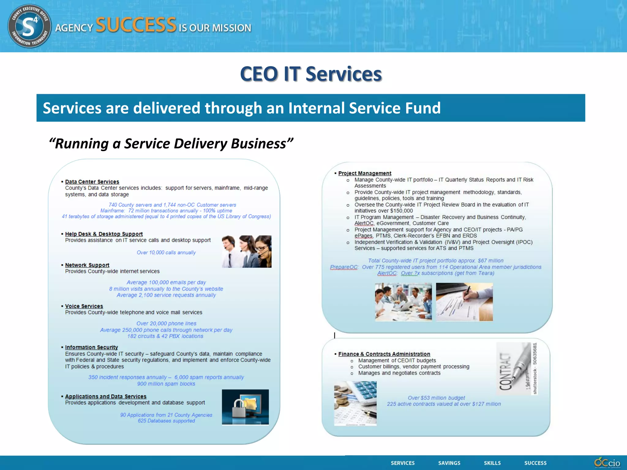 CEO IT Services
Services are delivered through an Internal Service Fund

“Running a Service Delivery Business”
 