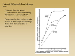Coleman, Katz and Menzel,
“Diffusion of an innovation among
physicians” Sociometry (1957)
Our substantive interest in networks
is often in how things move through
them, from disease to ideas to
behavior.
Network Diffusion & Peer Influence
Basics
 