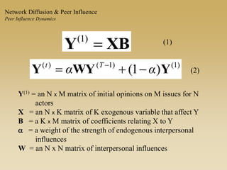 XBY )1( (1)
)1()1()(
)1( YWYY αα Tt
 
(2)
Y(1) = an N x M matrix of initial opinions on M issues for N
actors
X = an N x K matrix of K exogenous variable that affect Y
B = a K x M matrix of coefficients relating X to Y
a = a weight of the strength of endogenous interpersonal
influences
W = an N x N matrix of interpersonal influences
Network Diffusion & Peer Influence
Peer Influence Dynamics
 