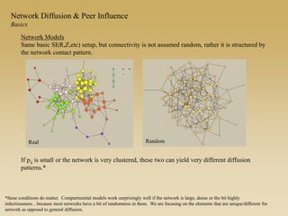 Network Diffusion & Peer Influence
Basics
Network Models
Same basic SI(R,Z,etc) setup, but connectivity is not assumed random, rather it is structured by
the network contact pattern.
If pij is small or the network is very clustered, these two can yield very different diffusion
patterns.*
Real Random
*these conditions do matter. Compartmental models work surprisingly well if the network is large, dense or the bit highly
infectiousness…because most networks have a bit of randomness in them. We are focusing on the elements that are unique/different for
network as opposed to general diffusion.
 