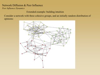 Extended example: building intuition
Consider a network with three cohesive groups, and an initially random distribution of
opinions:
Network Diffusion & Peer Influence
Peer Influence Dynamics
 