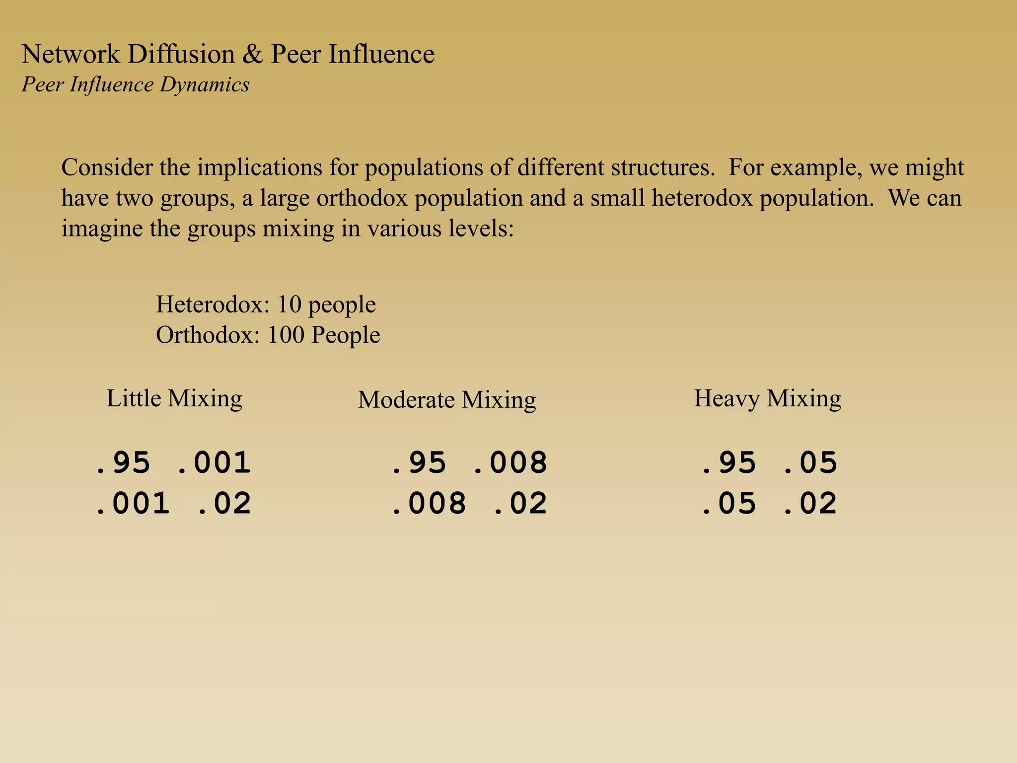 Consider the implications for populations of different structures. For example, we might
have two groups, a large orthodox population and a small heterodox population. We can
imagine the groups mixing in various levels:
Little Mixing Moderate Mixing Heavy Mixing
.95 .05
.05 .02
.95 .008
.008 .02
.95 .001
.001 .02
Heterodox: 10 people
Orthodox: 100 People
Network Diffusion & Peer Influence
Peer Influence Dynamics
 