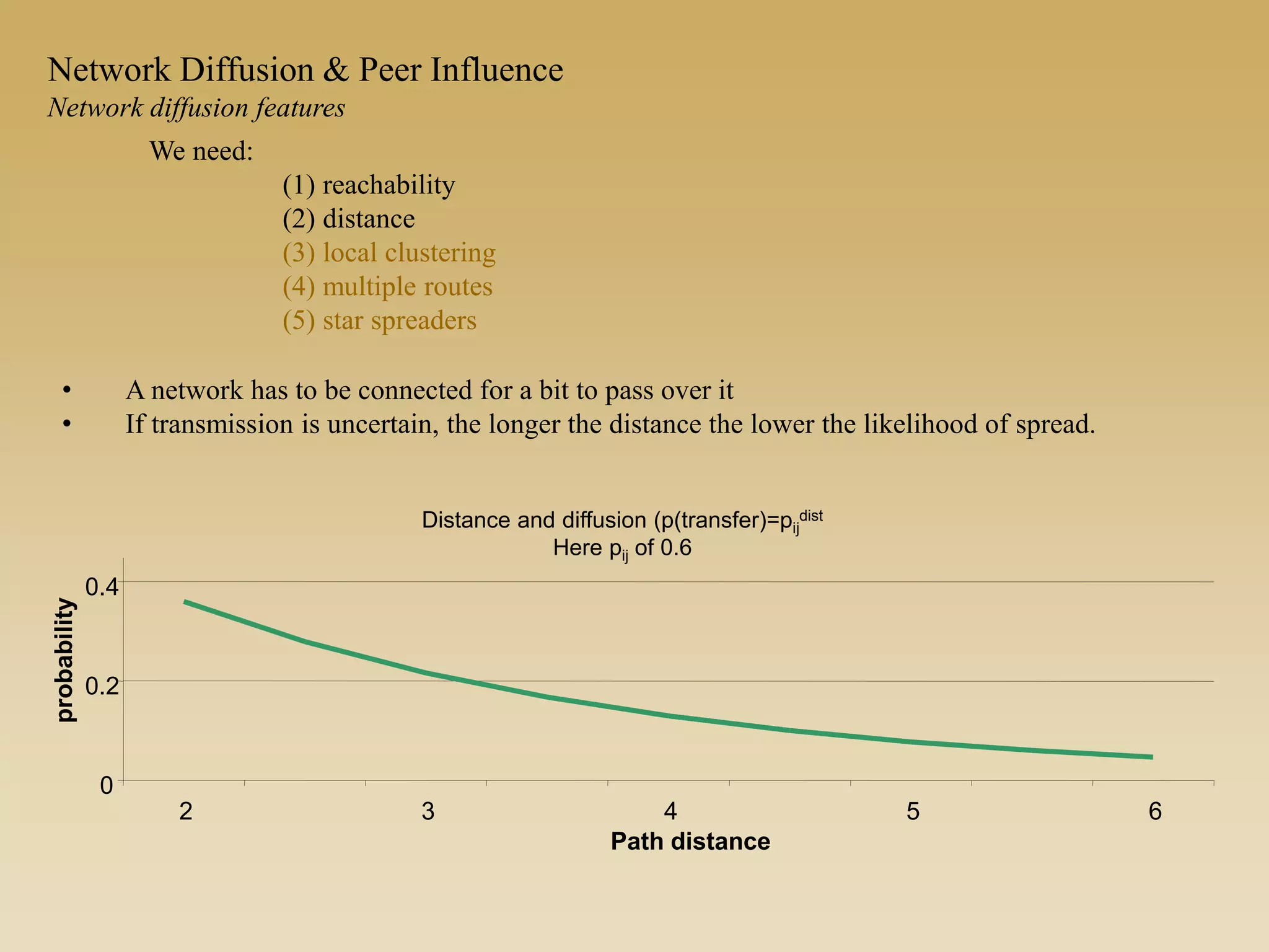 • A network has to be connected for a bit to pass over it
• If transmission is uncertain, the longer the distance the lower the likelihood of spread.
0
0.2
0.4
2 3 4 5 6
Path distance
probability
Distance and diffusion (p(transfer)=pij
dist
Here pij of 0.6
Network Diffusion & Peer Influence
Network diffusion features
We need:
(1) reachability
(2) distance
(3) local clustering
(4) multiple routes
(5) star spreaders
 