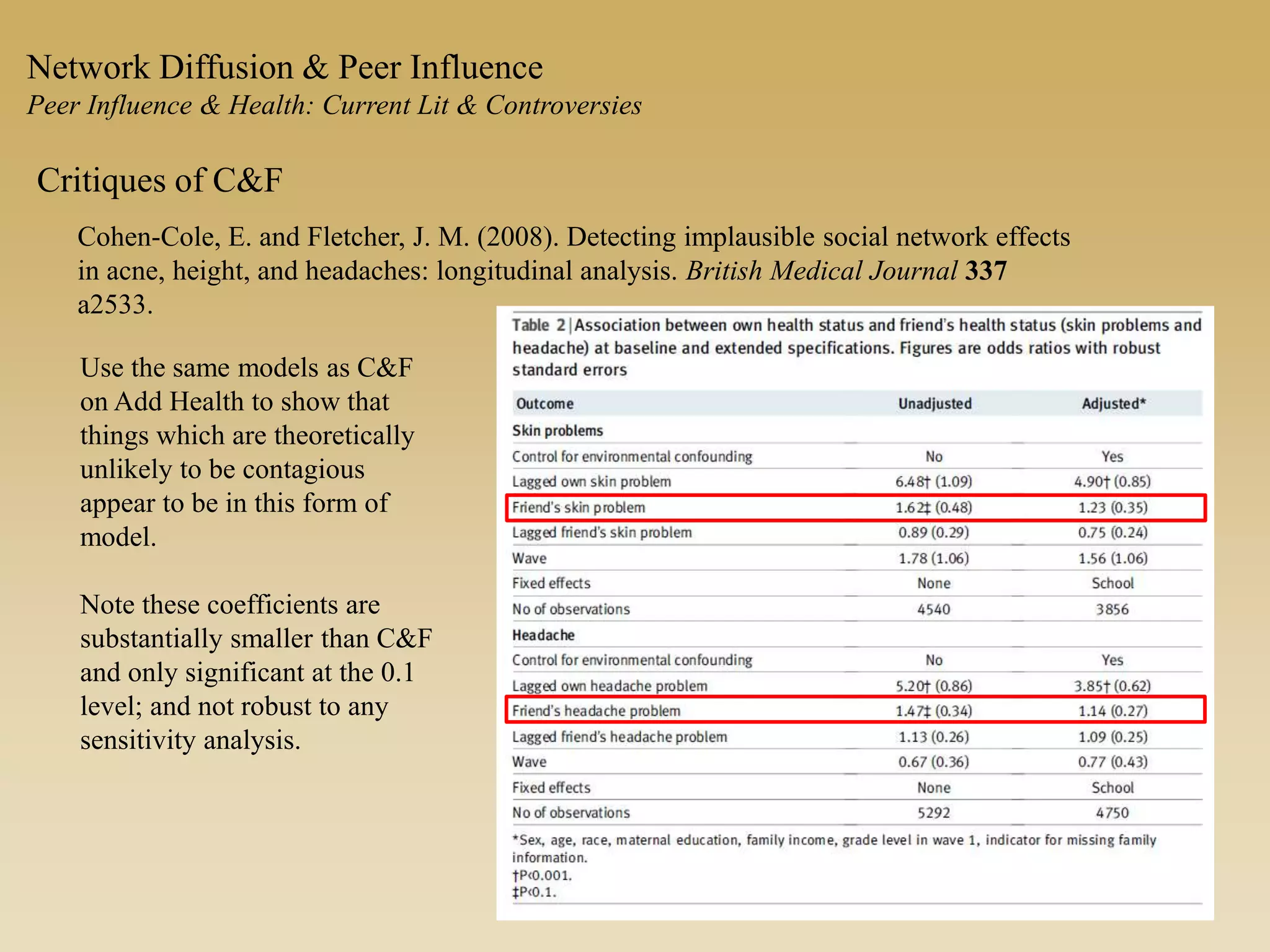 Network Diffusion & Peer Influence
Peer Influence & Health: Current Lit & Controversies
Critiques of C&F
Cohen-Cole, E. and Fletcher, J. M. (2008). Detecting implausible social network effects
in acne, height, and headaches: longitudinal analysis. British Medical Journal 337
a2533.
Use the same models as C&F
on Add Health to show that
things which are theoretically
unlikely to be contagious
appear to be in this form of
model.
Note these coefficients are
substantially smaller than C&F
and only significant at the 0.1
level; and not robust to any
sensitivity analysis.
 