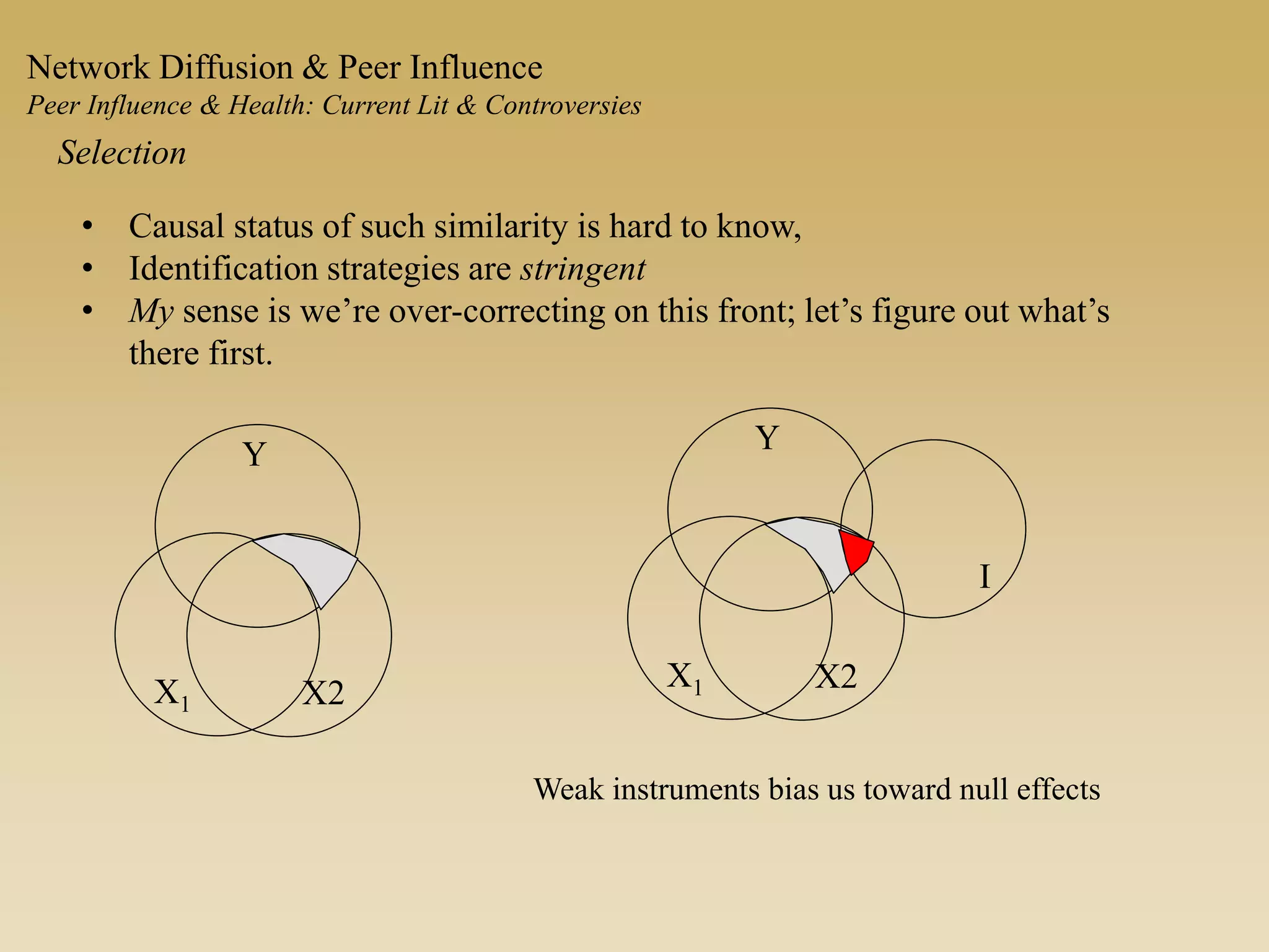 • Causal status of such similarity is hard to know,
• Identification strategies are stringent
• My sense is we’re over-correcting on this front; let’s figure out what’s
there first.
Selection
Network Diffusion & Peer Influence
Peer Influence & Health: Current Lit & Controversies
Y
X1 X2
Weak instruments bias us toward null effects
Y
X1 X2
I
 