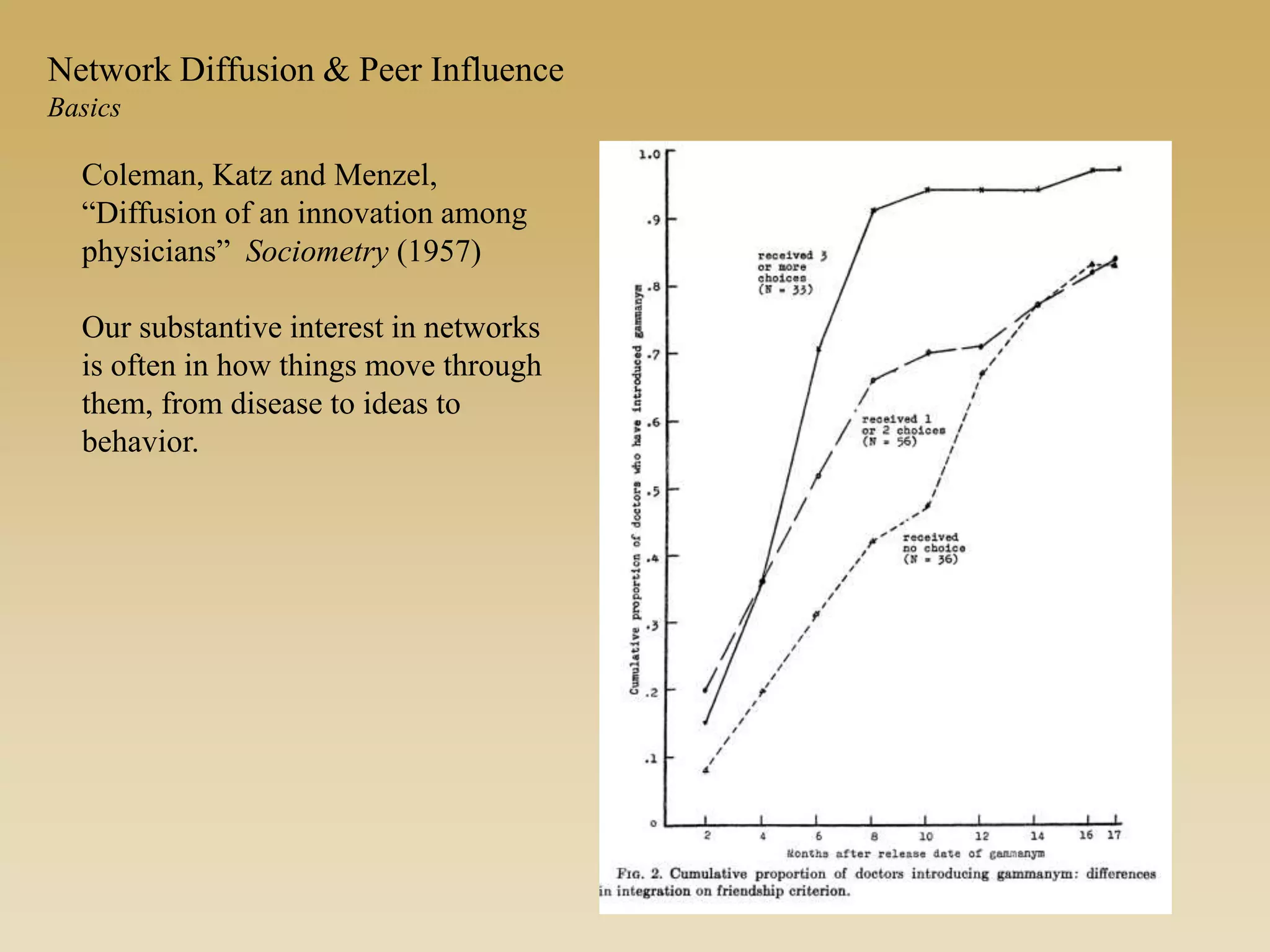 Coleman, Katz and Menzel,
“Diffusion of an innovation among
physicians” Sociometry (1957)
Our substantive interest in networks
is often in how things move through
them, from disease to ideas to
behavior.
Network Diffusion & Peer Influence
Basics
 