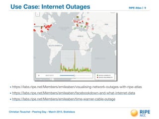 Christian Teuschel - Peering Day - March 2015, Bratislava
RIPE AtlasUse Case: Internet Outages 9
!
!
!
!
!
!
!
!
!
!
!
• https://labs.ripe.net/Members/emileaben/visualising-network-outages-with-ripe-atlas

• https://labs.ripe.net/Members/emileaben/facebookdown-and-what-internet-data

• https://labs.ripe.net/Members/emileaben/time-warner-cable-outage
 