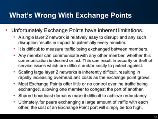 What’s Wrong With Exchange Points
• Unfortunately Exchange Points have inherent limitations.
• A single layer 2 network is relatively easy to disrupt, and any such
disruption results in impact to potentially every member.
• It is difficult to measure traffic being exchanged between members.
• Any member can communicate with any other member, whether this
communication is desired or not. This can result in security or theft of
service issues which are difficult and/or costly to protect against.
• Scaling large layer 2 networks is inherently difficult, resulting in
rapidly increasing overhead and costs as the exchange point grows.
• Most Exchange Points offer little or no control over the traffic being
exchanged, allowing one member to congest the port of another.
• Shared broadcast domains make it difficult to achieve redundancy.
• Ultimately, for peers exchanging a large amount of traffic with each
other, the cost of an Exchange Point port will simply be too high.
12
 