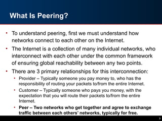 What Is Peering?
• To understand peering, first we must understand how
networks connect to each other on the Internet.
• The Internet is a collection of many individual networks, who
interconnect with each other under the common framework
of ensuring global reachability between any two points.
• There are 3 primary relationships for this interconnection:
• Provider – Typically someone you pay money to, who has the
responsibility of routing your packets to/from the entire Internet.
• Customer – Typically someone who pays you money, with the
expectation that you will route their packets to/from the entire
Internet.
• Peer – Two networks who get together and agree to exchange
traffic between each others’ networks, typically for free.
3
 