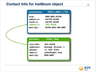 Contact Info for inet6num object 16
person: John Doe
nic-hdl: JD1-RIPE!
address: Sesame Street 1!
phone: +1 555 0101!
email: john@xmpl.org!
mnt-by: RED-MNT
inet6num: 2001:db8::/32
org: ORG-BB2-RIPE!
admin-c: LA789-RIPE!
tech-c: LA789-RIPE!
!
mnt-by: RIPE-NCC-HM-MNT!
admin-c: JD1-RIPE
 