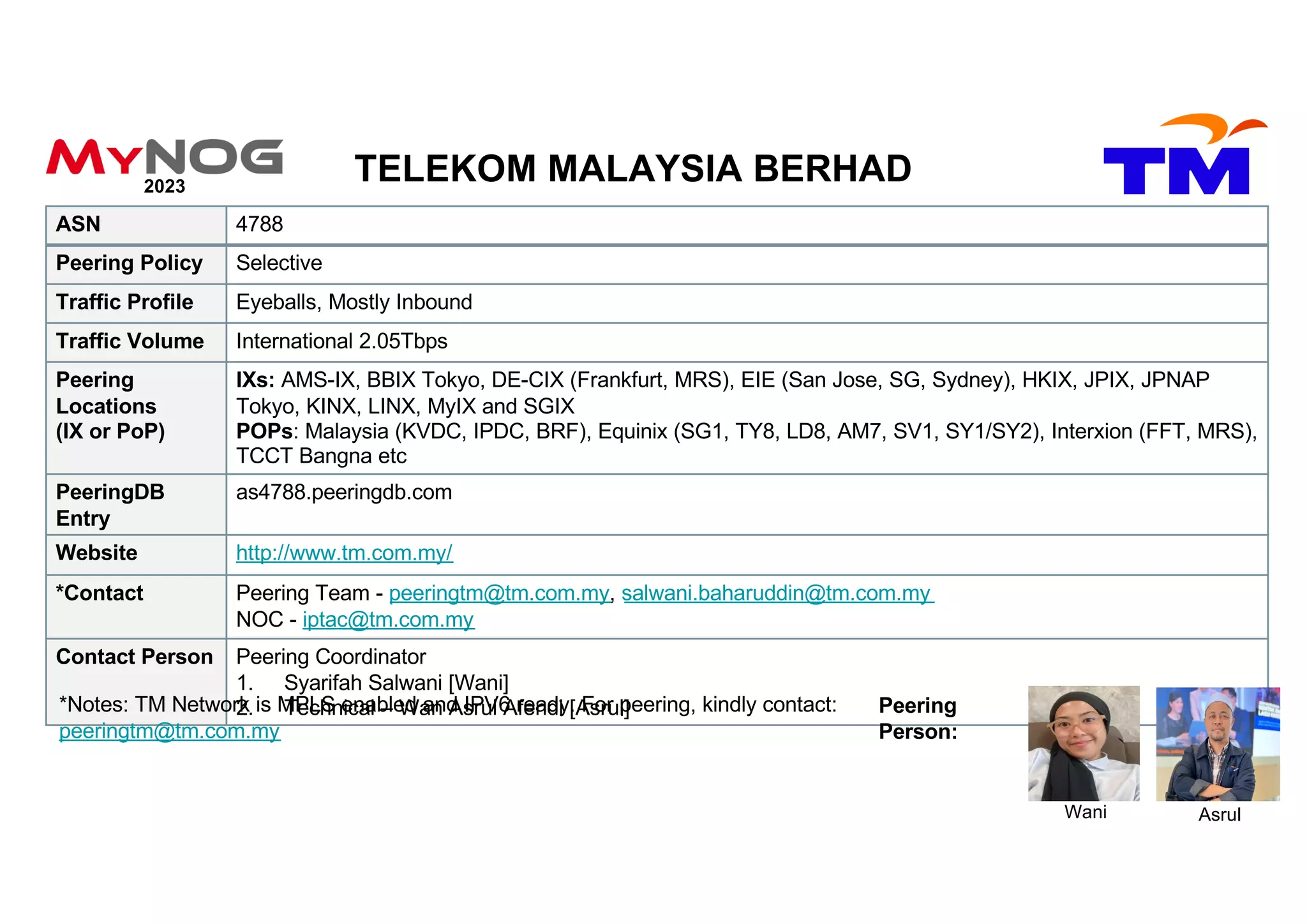 ASN 4788
Peering Policy Selective
Traffic Profile Eyeballs, Mostly Inbound
Traffic Volume International 2.05Tbps
Peering
Locations
(IX or PoP)
IXs: AMS-IX, BBIX Tokyo, DE-CIX (Frankfurt, MRS), EIE (San Jose, SG, Sydney), HKIX, JPIX, JPNAP
Tokyo, KINX, LINX, MyIX and SGIX
POPs: Malaysia (KVDC, IPDC, BRF), Equinix (SG1, TY8, LD8, AM7, SV1, SY1/SY2), Interxion (FFT, MRS),
TCCT Bangna etc
PeeringDB
Entry
as4788.peeringdb.com
Website http://www.tm.com.my/
*Contact Peering Team - peeringtm@tm.com.my, salwani.baharuddin@tm.com.my
NOC - iptac@tm.com.my
Contact Person Peering Coordinator
1. Syarifah Salwani [Wani]
2. Technical – Wan Asrul Afendi [Asrul]
TELEKOM MALAYSIA BERHAD
Peering
Person:
Wani Asrul
*Notes: TM Network is MPLS enabled and IPV6 ready. For peering, kindly contact:
peeringtm@tm.com.my
2023
 