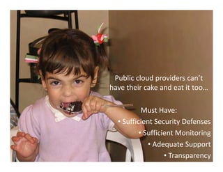 Slide Title




               Public cloud providers can’t 
              have their cake and eat it too…

                         Must Have:
                • Sufficient Security Defenses
                        • Sufficient Monitoring
                           • Adequate Support
                                 • Transparency
 