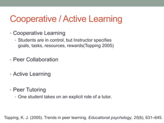 Cooperative / Active Learning
   • Cooperative Learning
     • Students are in control, but Instructor specifies goals, tasks,
       resources, rewards(Topping 2005)


   • Peer Collaboration


   • Active Learning


   • Peer Tutoring
     • One student takes on an explicit role of a tutor.




Topping, K. J. (2005). Trends in peer learning. Educational psychology, 25(6), 631–645.
 