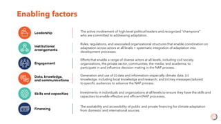 Enabling factors
The active involvement of high-level political leaders and recognized “champions”
who are committed to addressing adaptation.
Rules, regulations, and associated organizational structures that enable coordination on
adaptation across actors at all levels + systematic integration of adaptation into
development processes.
Efforts that enable a range of diverse actors at all levels, including civil society
organizations, the private sector, communities, the media, and academia, to
participate in and influence decision making in the NAP process.
Generation and use of (i) data and information—especially climate data; (ii)
knowledge, including local knowledge and research; and (iii) key messages tailored
to specific audiences to advance the NAP process.
Investments in individuals and organizations at all levels to ensure they have the skills and
capacities to enable effective and efficient NAP processes.
The availability and accessibility of public and private financing for climate adaptation
from domestic and international sources.
 