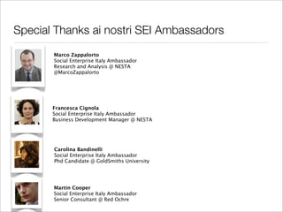 Special Thanks ai nostri SEI Ambassadors
       Marco Zappalorto
       Social Enterprise Italy Ambassador
       Research and Analysis @ NESTA
       @MarcoZappalorto




       Francesca Cignola
       Social Enterprise Italy Ambassador
       Business Development Manager @ NESTA




       Carolina Bandinelli
       Social Enterprise Italy Ambassador
       Phd Candidate @ GoldSmiths University




       Martin Cooper
       Social Enterprise Italy Ambassador
       Senior Consultant @ Red Ochre
 