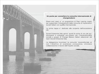 Un ponte per connettere la comunita internazionale di
                  changemakers

Share and Learn e’ un programma di Peer Learnig creato
per supportare l’intergrazione della comunita di imprenditori
sociali italiani con quellla internazionale.

La prima tappa e’ dedicata alla scoperta dell’ecosistema
UK.

Social Enterprise Italy aprira’ quindi le porte di uno dei piu’
dirompenti e sviluppati eco-sistemi per l’imprenditorialità
sociale a gruppi di Change Makers italiani selezionati dal
team Social Enterprise Italy.

La delegazione incontrera’ la comunita’ imprenditoriale uk
c o n l ’ o b i e t t i v o d i s c a m b i a re c o n o s c e n z e , s t i m o l a re
collaborazione in favore dell’impatto sociale.
 