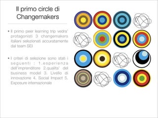 Il primo circle di
     Changemakers

• Il primo peer learning trip vedra’
  protagonisti 3 changemakers
  italiani selezionati accuratamente
  dal team SEI


• I criteri di selezione sono stati i
  seguenti : 1.esperienza
  dell’imprenditore 2.qualita’ del
  business model 3. Livello di
  innovazione 4. Social Impact 5.
  Exposure internazionale
 