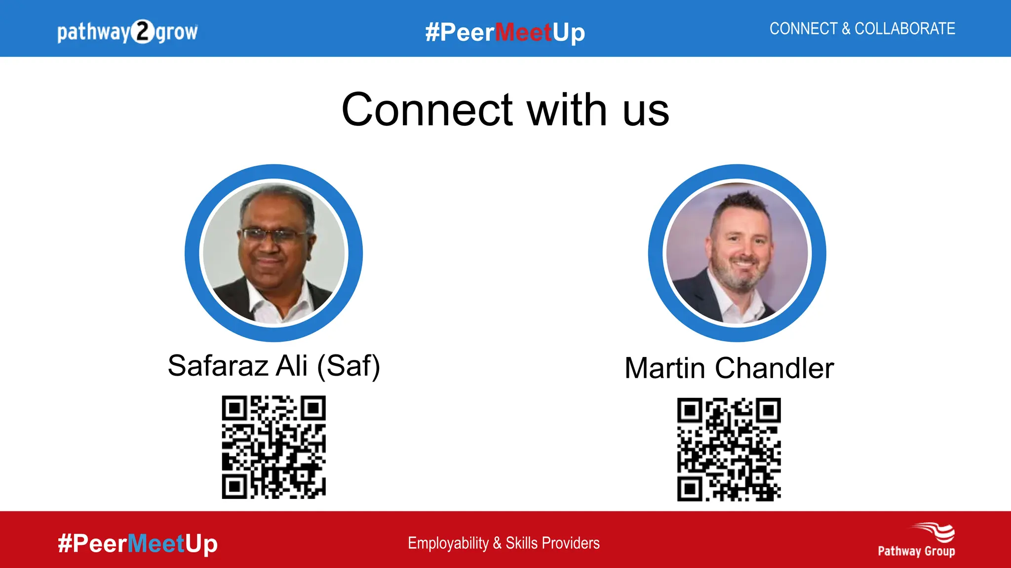 #PeerMeetUp
#PeerMeetUp CONNECT & COLLABORATE
Employability & Skills Providers
Safaraz Ali (Saf) Martin Chandler
Connect with us
 