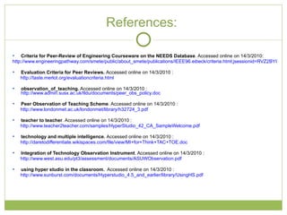 References:  Criteria for Peer-Review of Engineering Courseware on the NEEDS Database . Accessed online on 14/3/2010: http://www.engineeringpathway.com/smete/public/about_smete/publications/IEEE96.eibeck/criteria.html;jsessionid=RVZ2BYQEBVKBZABAVRSSFEQ Evaluation Criteria for Peer Reviews.  Accessed online on 14/3/2010 : http://taste.merlot.org/evaluationcriteria.html observation_of_teaching.  Accessed online on 14/3/2010 :  http://www.admin.susx.ac.uk/tldu/documents/peer_obs_policy.doc Peer Observation of Teaching Scheme . Accessed online on 14/3/2010 :  http://www.londonmet.ac.uk/londonmet/library/h32724_3.pdf teacher to teacher . Accessed online on 14/3/2010 :  http://www.teacher2teacher.com/samples/HyperStudio_42_CA_SampleWelcome.pdf technology and multiple intelligence.  Accessed online on 14/3/2010   :  http://daretodifferentiate.wikispaces.com/file/view/MI+for+Think+TAC+TOE.doc Integration of Technology Observation Instrument . Accessed online on 14/3/2010 : http://www.west.asu.edu/pt3/assessment/documents/ASUWObservation.pdf using hyper studio in the classroom.   Accessed online on 14/3/2010 :  http://www.sunburst.com/documents/Hyperstudio_4.5_and_earlier/library/UsingHS.pdf 