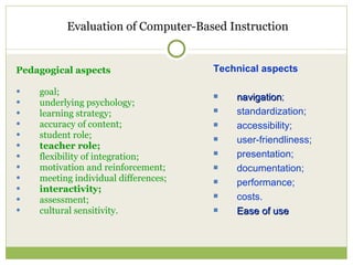 Evaluation of Computer-Based Instruction Pedagogical aspects goal;  underlying psychology;  learning strategy; accuracy of content; student role;  teacher role;  flexibility of integration;  motivation and reinforcement;  meeting individual differences;  interactivity;   assessment; cultural sensitivity. Technical aspects navigation ; standardization; accessibility;  user-friendliness; presentation;  documentation; performance; costs. Ease of use  