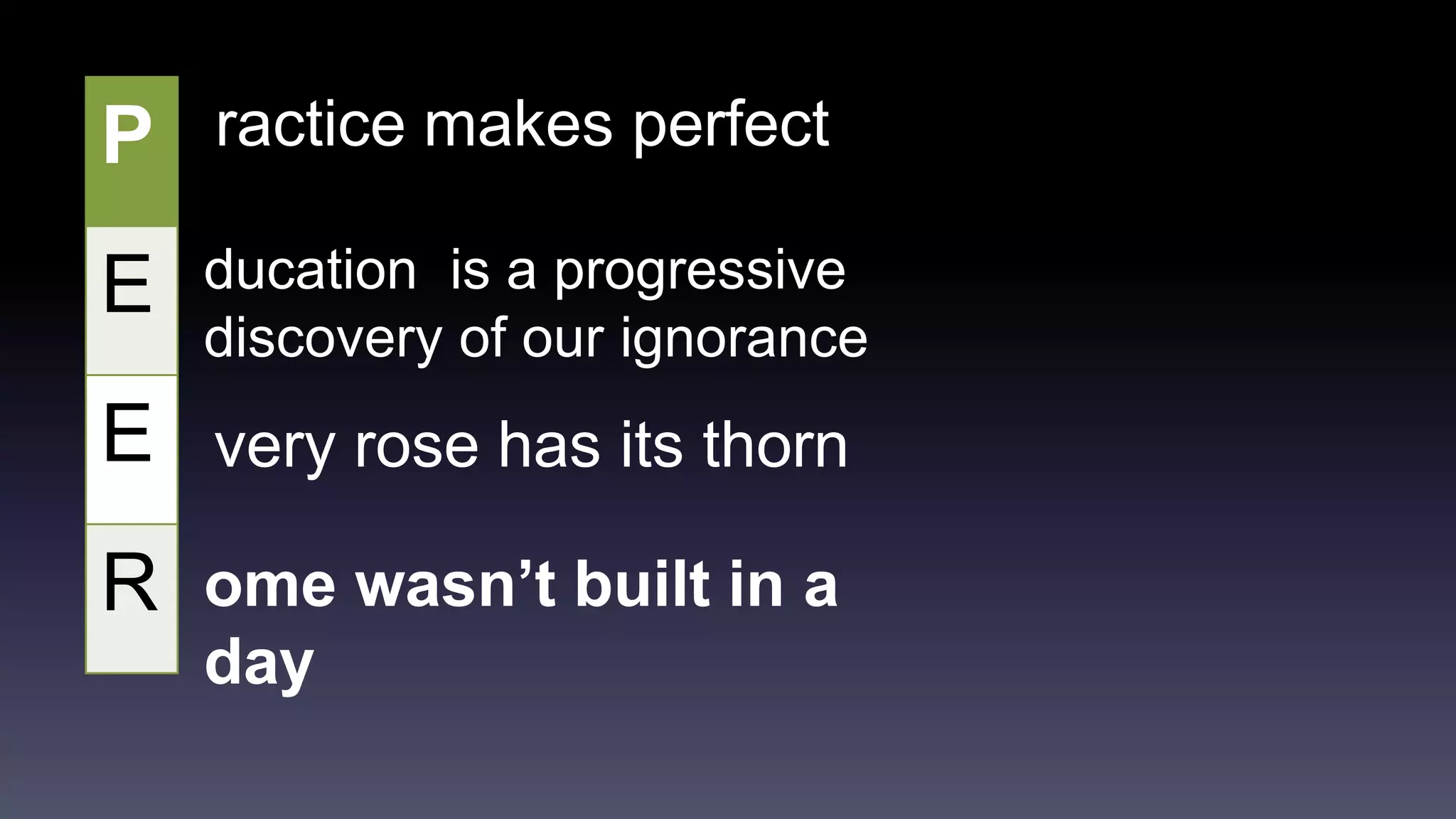 P 
E 
E 
R 
ractice makes perfect 
ducation is a progressive 
discovery of our ignorance 
very rose has its thorn 
ome wasn’t built in a 
day 
 