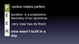 P 
E 
E 
R 
ractice makes perfect 
ducation is a progressive 
discovery of our ignorance 
very rose has its thorn 
ome wasn’t built in a 
day 
 