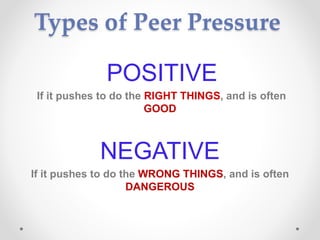 Types of Peer Pressure
POSITIVE
If it pushes to do the RIGHT THINGS, and is often
GOOD
NEGATIVE
If it pushes to do the WRONG THINGS, and is often
DANGEROUS
 