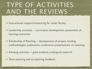 TYPE OF ACTIVITIES
AND THE REVIEWS
Instructional support/mentoring for other faculty

Leadership activities -- curriculum development, assessment of
learning outcomes

Scholarship of Teaching -- development of project, funding,
methodologies, publication, conference presentations on teaching

Advising activities -- grad students, undergrad research

Team-teaching and co-teaching feedback
 