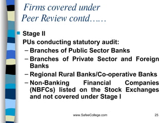 Firms covered under  Peer Review contd…… Stage II PUs conducting statutory audit: Branches of Public Sector Banks   Branches of Private Sector and Foreign Banks   Regional Rural Banks/Co-operative Banks   Non-Banking Financial Companies (NBFCs) listed on the Stock Exchanges and not covered under Stage I   