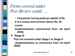 Firms covered under  Peer Review contd…… Companies having paid-up capital of Rs. 2 to 5 crores and turnover above Rs. 20 crores   (I mplementation commenced from 1st April 2004)   Stage III PUs not covered under Stage I or Stage II (Implementation to commence from 1st April 2005) 