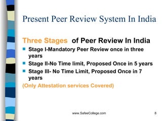 Present Peer Review System In India Three Stages   of Peer Review In India Stage I-Mandatory Peer Review once in three years Stage II-No Time limit, Proposed Once in 5 years Stage III- No Time Limit, Proposed Once in 7 years (Only Attestation services Covered) 