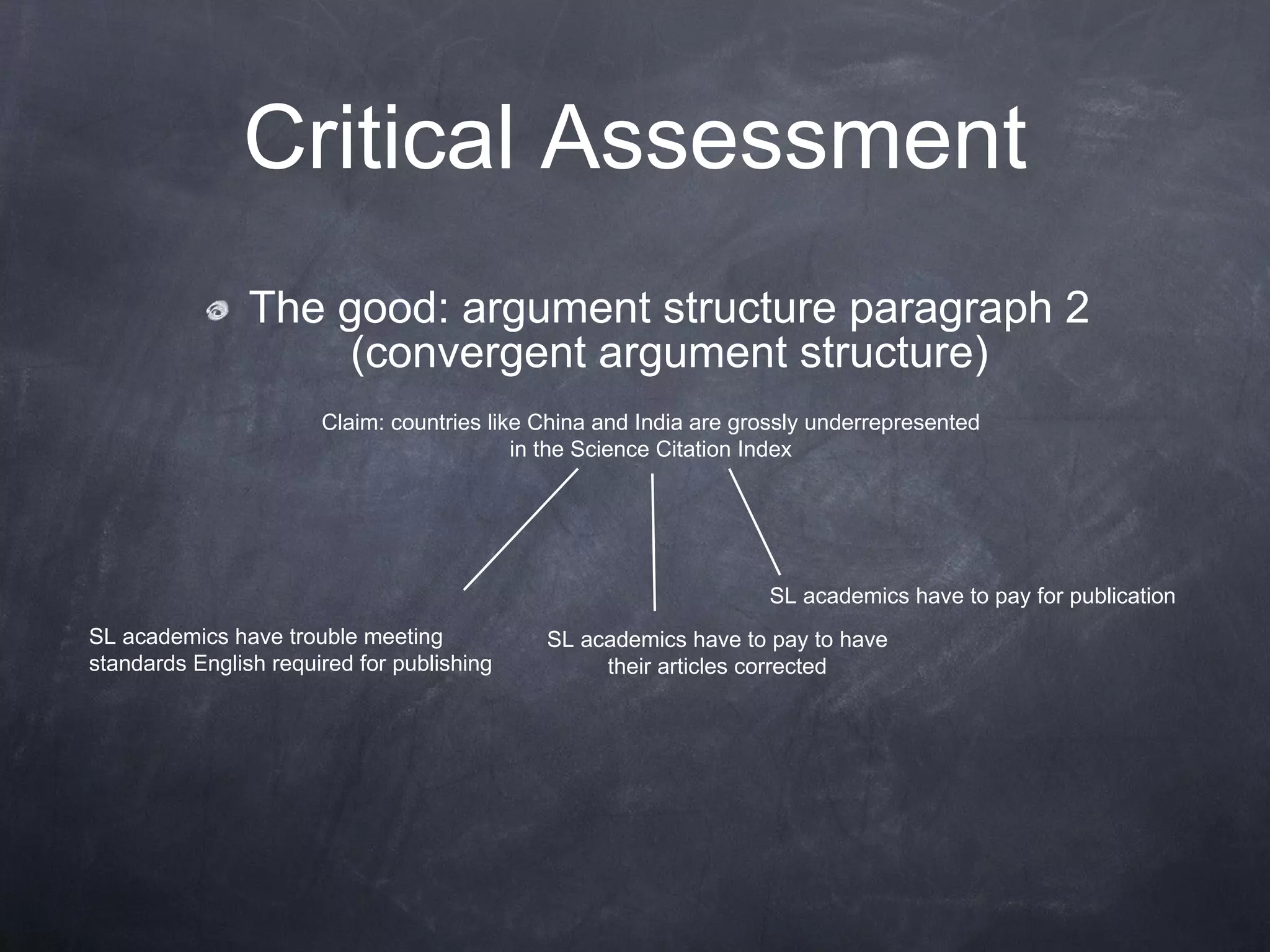 Critical Assessment The good: argument structure paragraph 2 (convergent argument structure) Claim: countries like China and India are grossly underrepresented in the Science Citation Index SL academics have trouble meeting standards English required for publishing SL academics have to pay for publication SL academics have to pay to have their articles corrected 