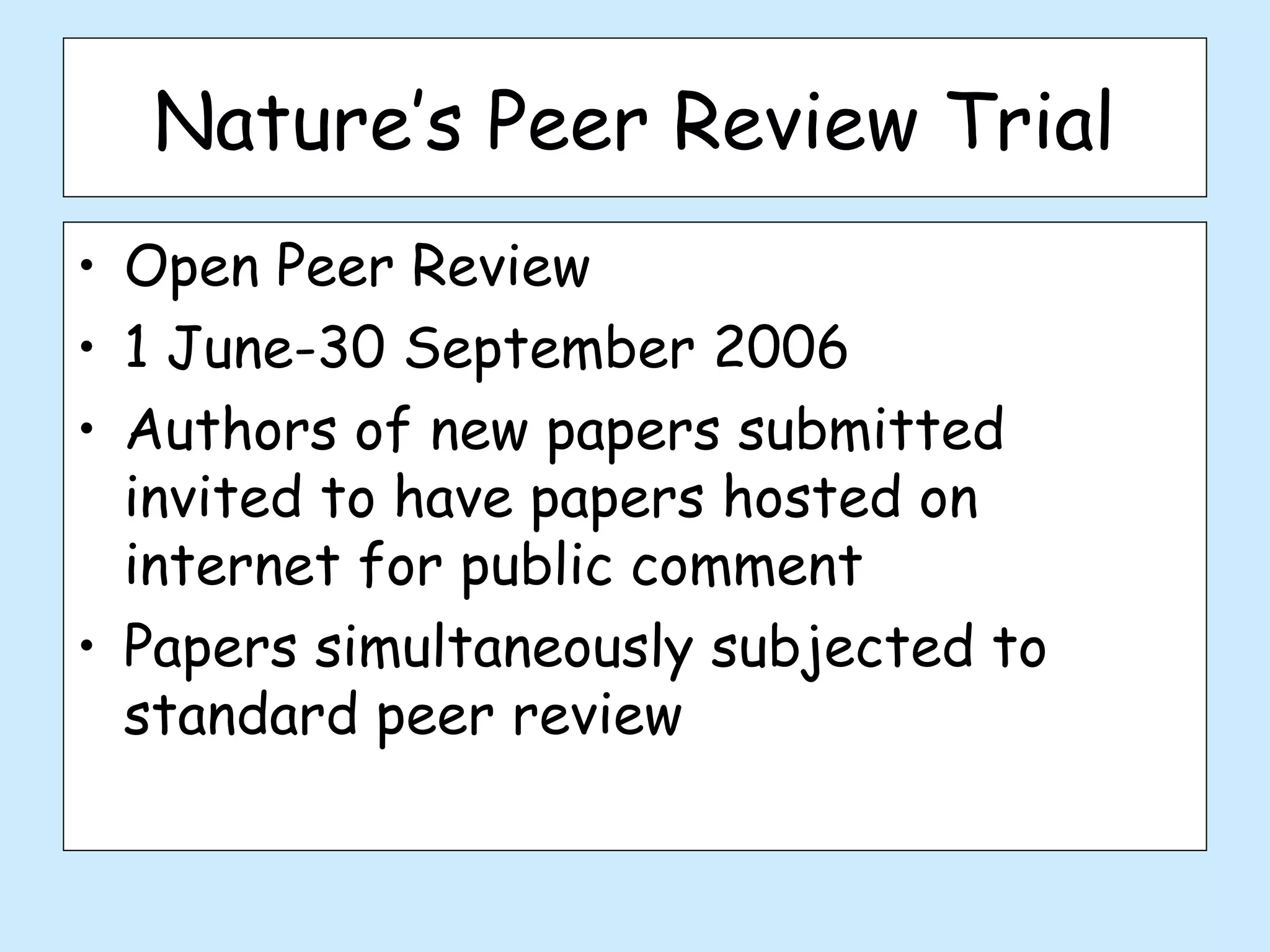 Nature’s Peer Review Trial
• Open Peer Review
• 1 June-30 September 2006
• Authors of new papers submitted
  invited to have papers hosted on
  internet for public comment
• Papers simultaneously subjected to
  standard peer review
 