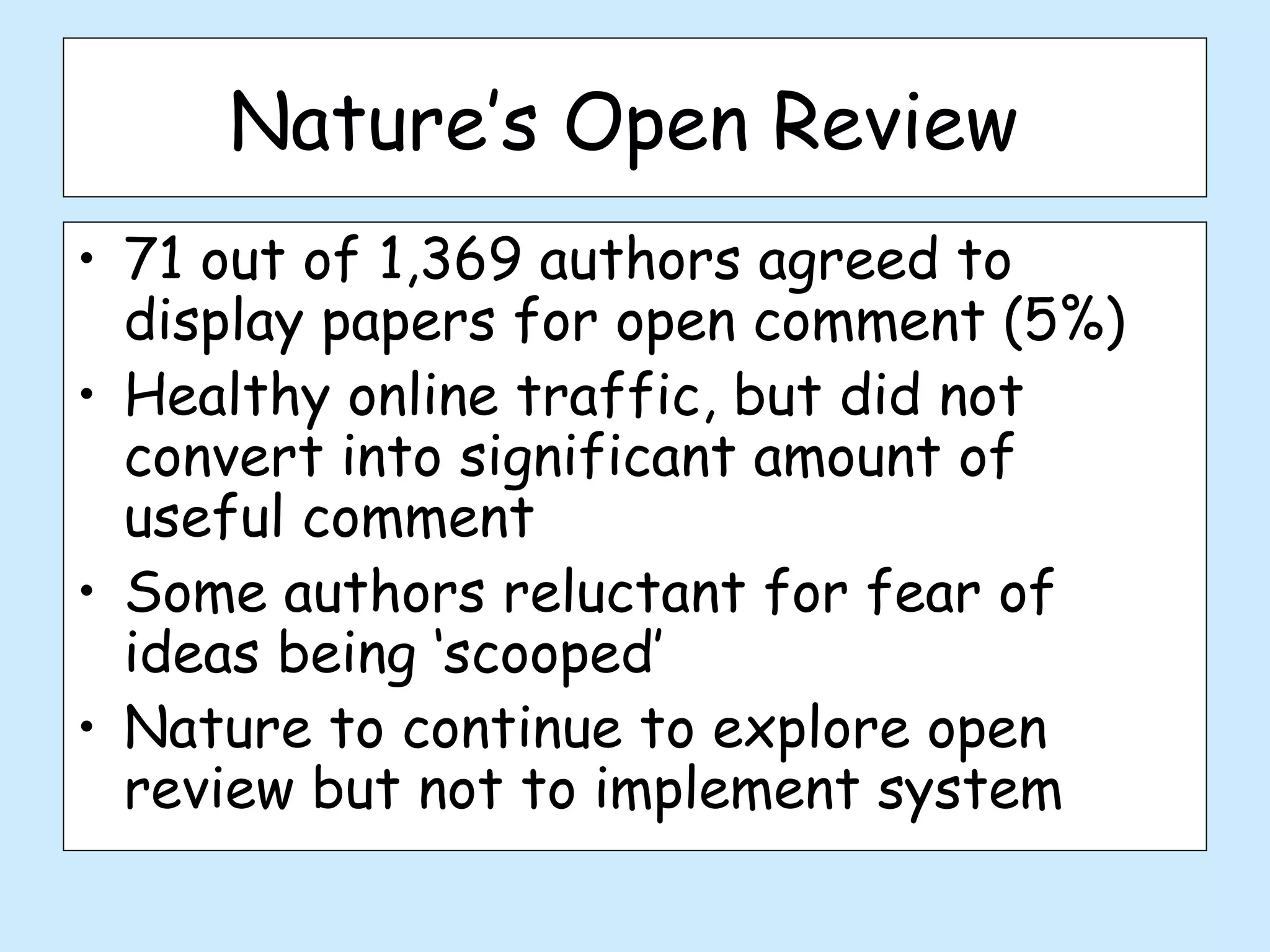 Nature’s Open Review
• 71 out of 1,369 authors agreed to
  display papers for open comment (5%)
• Healthy online traffic, but did not
  convert into significant amount of
  useful comment
• Some authors reluctant for fear of
  ideas being ‘scooped’
• Nature to continue to explore open
  review but not to implement system
 