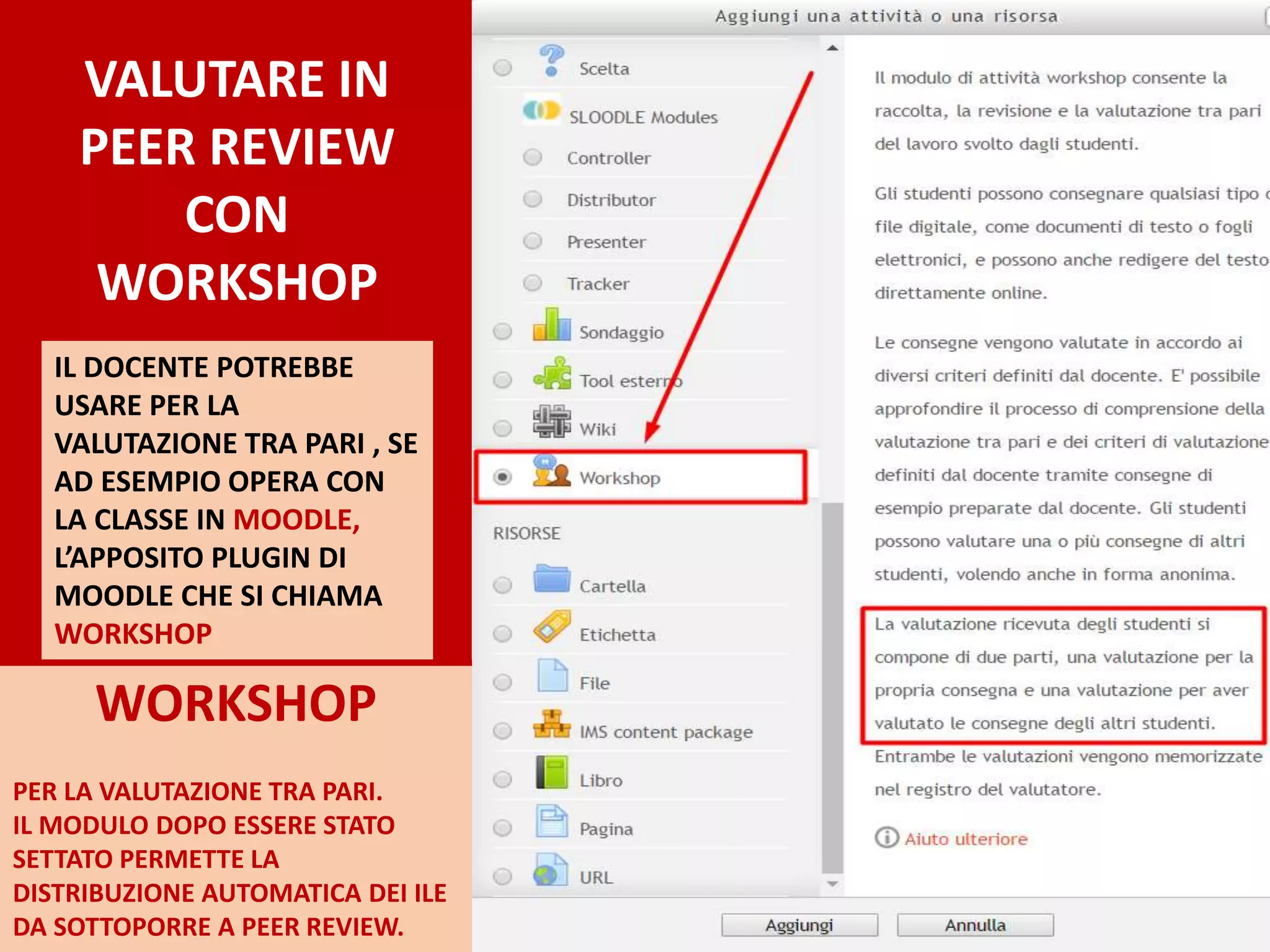 IL DOCENTE POTREBBE
USARE PER LA
VALUTAZIONE TRA PARI , SE
AD ESEMPIO OPERA CON
LA CLASSE IN MOODLE,
L’APPOSITO PLUGIN DI
MOODLE CHE SI CHIAMA
WORKSHOP
VALUTARE IN
PEER REVIEW
CON
WORKSHOP
WORKSHOP
PER LA VALUTAZIONE TRA PARI.
IL MODULO DOPO ESSERE STATO
SETTATO PERMETTE LA
DISTRIBUZIONE AUTOMATICA DEI ILE
DA SOTTOPORRE A PEER REVIEW.
 