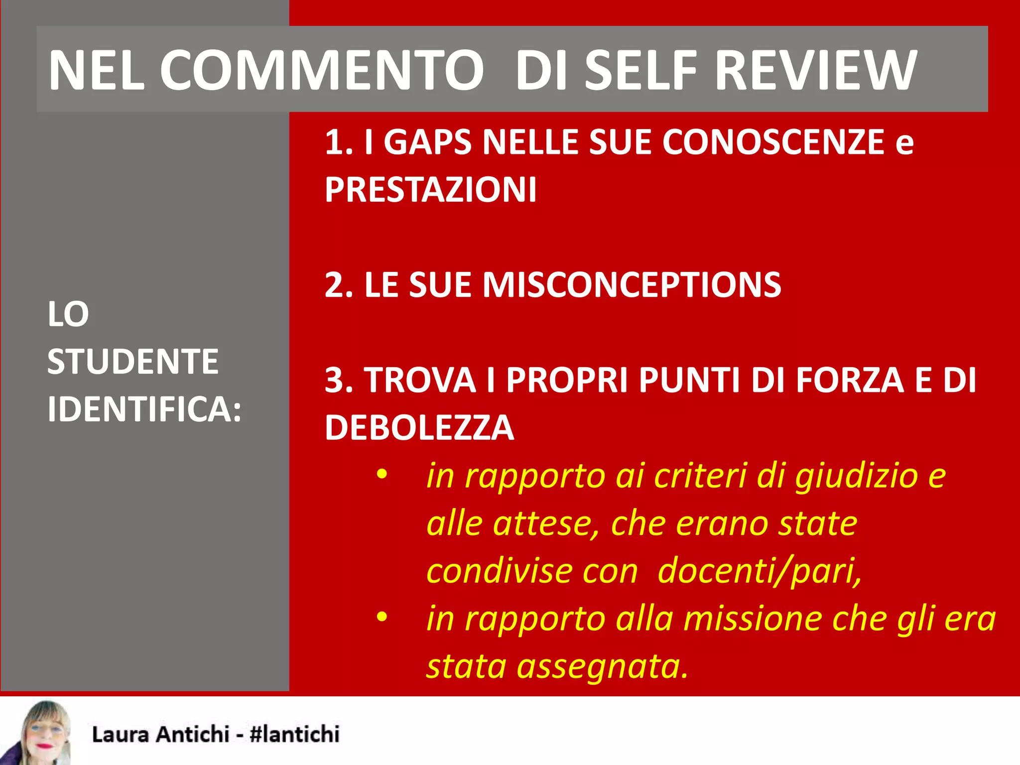 NEL COMMENTO DI SELF REVIEW
LO
STUDENTE
IDENTIFICA:
1. I GAPS NELLE SUE CONOSCENZE e
PRESTAZIONI
2. LE SUE MISCONCEPTIONS
3. TROVA I PROPRI PUNTI DI FORZA E DI
DEBOLEZZA
• in rapporto ai criteri di giudizio e
alle attese, che erano state
condivise con docenti/pari,
• in rapporto alla missione che gli era
stata assegnata.
 