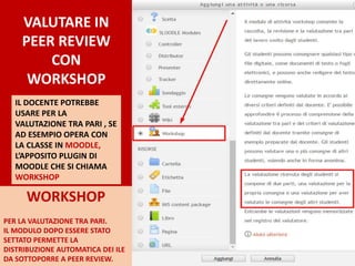 IL DOCENTE POTREBBE
USARE PER LA
VALUTAZIONE TRA PARI , SE
AD ESEMPIO OPERA CON
LA CLASSE IN MOODLE,
L’APPOSITO PLUGIN DI
MOODLE CHE SI CHIAMA
WORKSHOP
VALUTARE IN
PEER REVIEW
CON
WORKSHOP
WORKSHOP
PER LA VALUTAZIONE TRA PARI.
IL MODULO DOPO ESSERE STATO
SETTATO PERMETTE LA
DISTRIBUZIONE AUTOMATICA DEI ILE
DA SOTTOPORRE A PEER REVIEW.
 