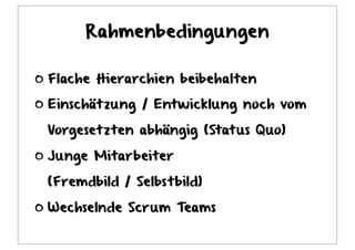 Rahmenbedingungen
Flache Hierarchien beibehalten
Einschätzung / Entwicklung noch vom
Vorgesetzten abhängig (Status Quo)
Junge Mitarbeiter
(Fremdbild / Selbstbild)
Wechselnde Scrum Teams
 