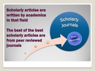 Scholarly articles are
written by academics
in that field

The best of the best
scholarly articles are
from peer reviewed
journals



                         3
 