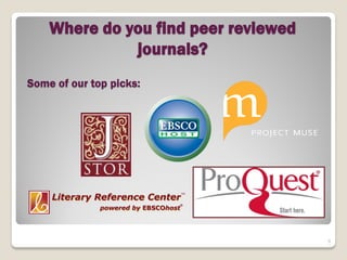 Where do you find peer reviewed
              journals?
Some of our top picks:




                                      9
 